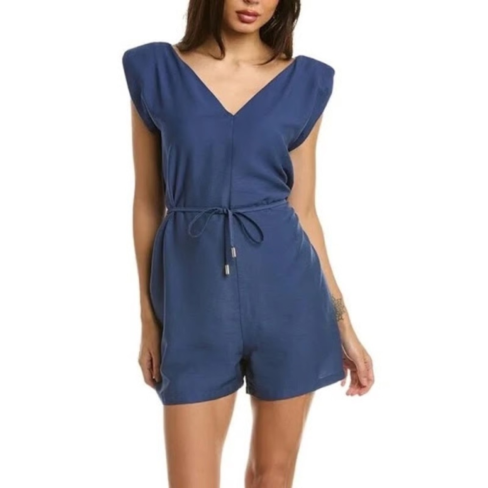 Bishop + Young Blue Sleeveless V-Neck Belted Romper Minimalist Chic Resort